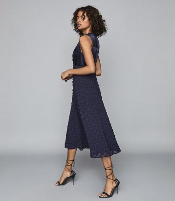 Reiss Leni Jacquard Spot Midi Dress, Navy Blue - Image 2