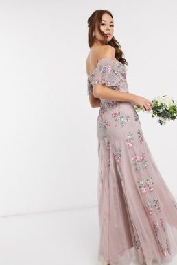 Maya Bridesmaid all over floral embellished bardot maxi dress in pink