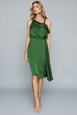 Reiss Aya Draped Satin Midi Shift Dress Green