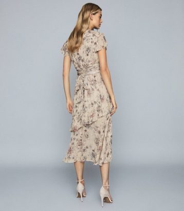 Reiss Audrey Lame Detailed Chiffon Midi Floral Dress, Nude/Brown/Metallic - Image 2