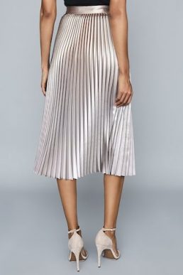 Reiss Betty Pleated Metallic Midi Skirt Pink Red Metallic