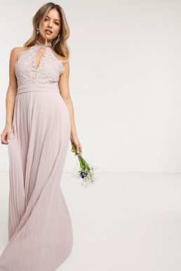 TFNC bridesmaid lace halterneck maxi dress in pink blush