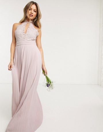 TFNC bridesmaid lace halterneck maxi dress in pink blush