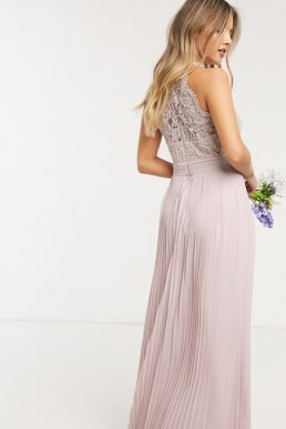 TFNC bridesmaid lace halterneck maxi dress in pink blush