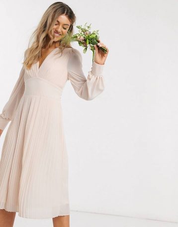 TFNC bridesmaid plunge front pleated midi dress in ecru Nude