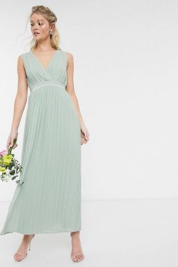 Y.A.S pleated maxi dress with deep v neck in green