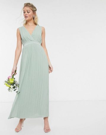 Y.A.S pleated maxi dress with deep v neck in green