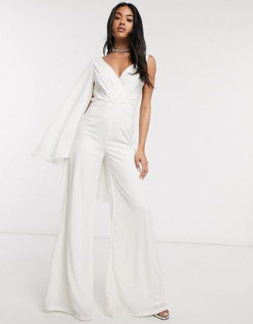 Yaura asymmetric bridal caped plunge jumpsuit in ivory