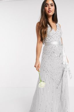 Amelia Rose Bridesmaid embellished wrap maxi dress in silver