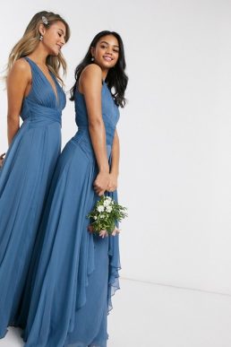 ASOS DESIGN Bridesmaid pinny maxi dress with ruched bodice and layered skirt detail Blue
