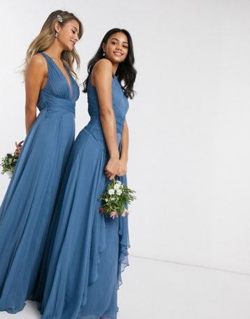 ASOS DESIGN Bridesmaid pinny maxi dress with ruched bodice and layered skirt detail Blue