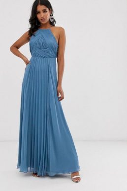 ASOS DESIGN Bridesmaid pinny maxi dress with ruched bodice and layered skirt detail Blue