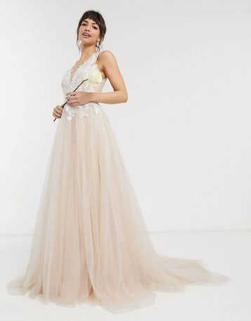 ASOS EDITION mesh wedding dress with embroidered bodice, White Cappuccino Blush Pink