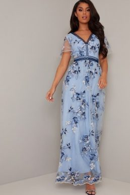 Chi Chi Shylah Floral Embroidered Maxi Dress Sky Blue Navy
