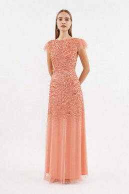 Coast Angel Sleeve Sequin Maxi Dress Coral