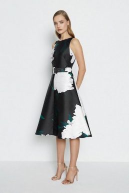 Coast Belted Twill Full Skirted Dress Black White