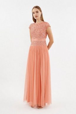 Coast Drop Waist Sequin Maxi Dress Coral