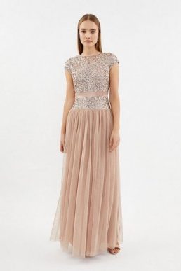 Coast Drop Waist Sequin Maxi Dress Nude Neutral