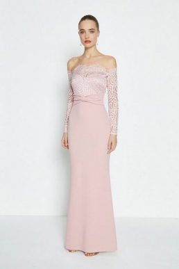 Coast Long Sleeve Lace Bardot Maxi Dress Light Pink Blush