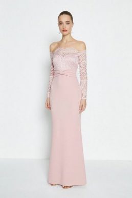 Coast Long Sleeve Lace Bardot Maxi Dress Light Pink Blush