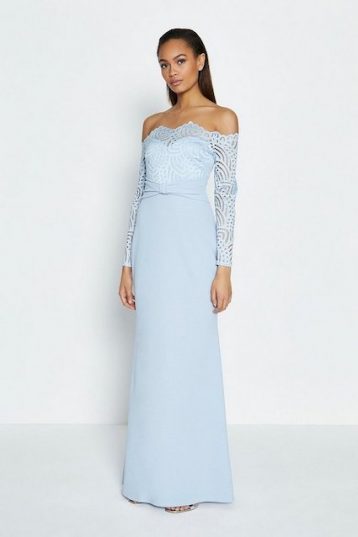 Coast Long Sleeve Lace Bardot Maxi Dress Light Sky Blue