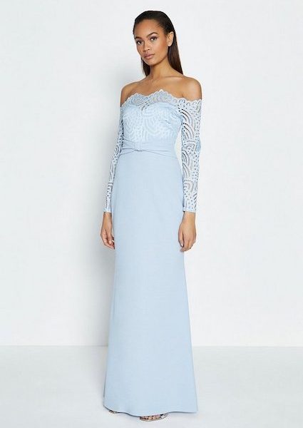 blue bardot bridesmaid dress