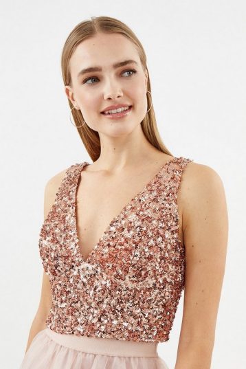 Coast Sequin V Neck Sequin Bridesmaid Bustier Top Rose Gold