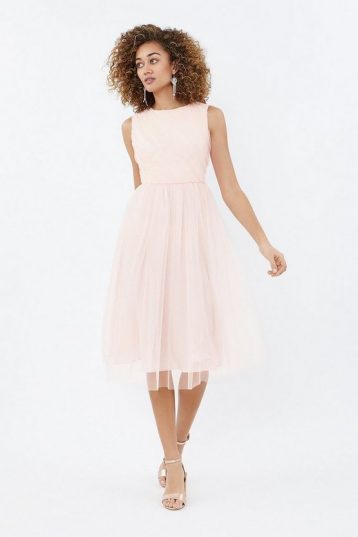 Coast Tulle Ruched Bodice Midi Dress Blush Pale Pink