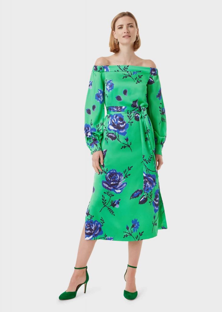 Hobbs Miriam Bardot Floral Dress, Green/Blue myonewedding.co.uk