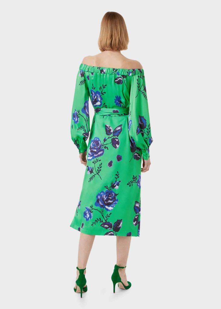 Hobbs Miriam Bardot Floral Dress, Green/Blue myonewedding.co.uk