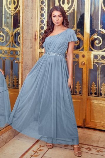 Little Mistress Sistaglam Mariah One Shoulder Sequin Belt Maxi Dress Blue