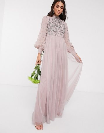 Maya high neck embellished maxi dress with blouson sleeve in pink