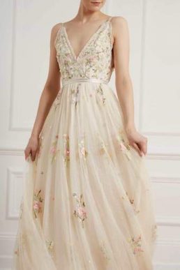 Needle & Thread Petunia Floral Embroidered Maxi Gown Champagne