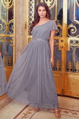 Sistaglam Mariah One Shoulder Sequin Belt Maxi Dress Grey