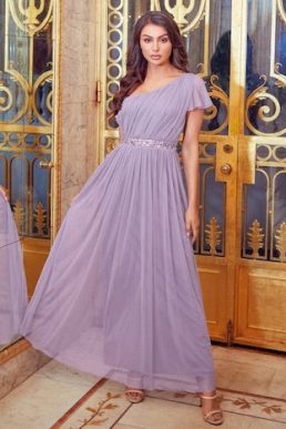 Sistaglam Mariah One Shoulder Sequin Belt Maxi Dress Lilac