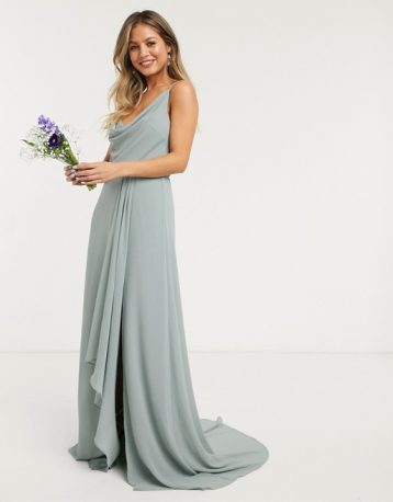 TFNC bridesmaid cowl neck cami strap maxi dress with train in sage green