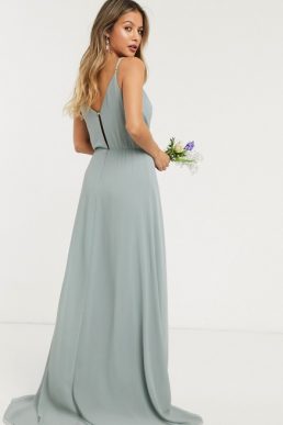 TFNC bridesmaid cowl neck cami strap maxi dress with train in sage green