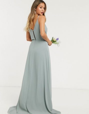 TFNC bridesmaid cowl neck cami strap maxi dress with train in sage green