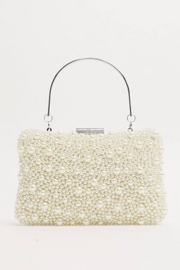 True Decadence pearl embellished bag with metal grab handle Cream Ivory