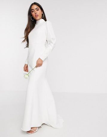 Y.A.S Wedding highneck fishtail dress with embellished cuffs in white