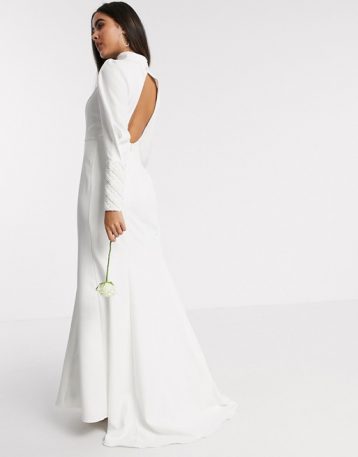 Y.A.S Wedding highneck fishtail dress with embellished cuffs in white - Image 2