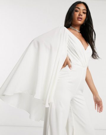 Yaura asymmetric bridal caped plunge jumpsuit in ivory