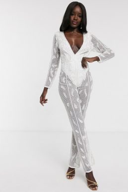 Dolly & Delicious all over embellished sheer leg jumpsuit in white