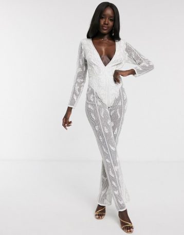 Dolly & Delicious all over embellished sheer leg jumpsuit in white