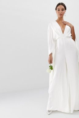 ASOS EDITION cape sleeve wedding jumpsuit in satin Ivory