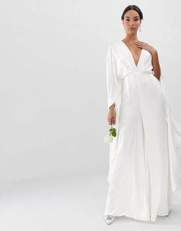 ASOS EDITION cape sleeve wedding jumpsuit in satin Ivory