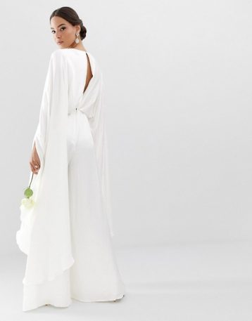 ASOS EDITION cape sleeve wedding jumpsuit in satin, Ivory - Image 2