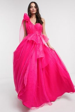 Bariano full prom one shoulder maxi dress with detachable waist bow detail in fuchsia pink