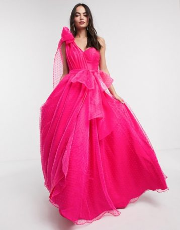 Bariano full prom one shoulder maxi dress with detachable waist bow detail in fuchsia pink