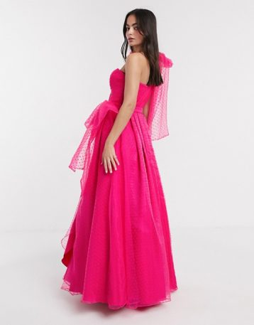 Bariano full prom one shoulder maxi dress with detachable waist bow detail in fuchsia pink - Image 2